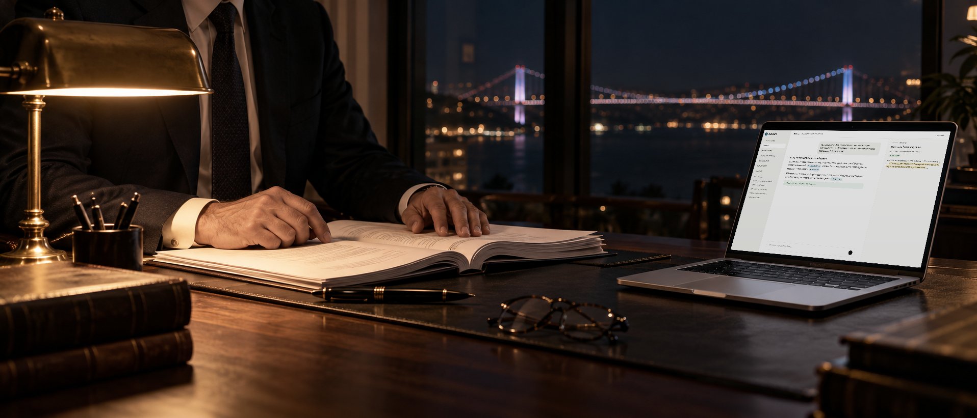 Gece, Boğaz köprüsüne bakan bir büroda açık dosya ve ekranında Düstur cevabı olan dizüstü bilgisayar