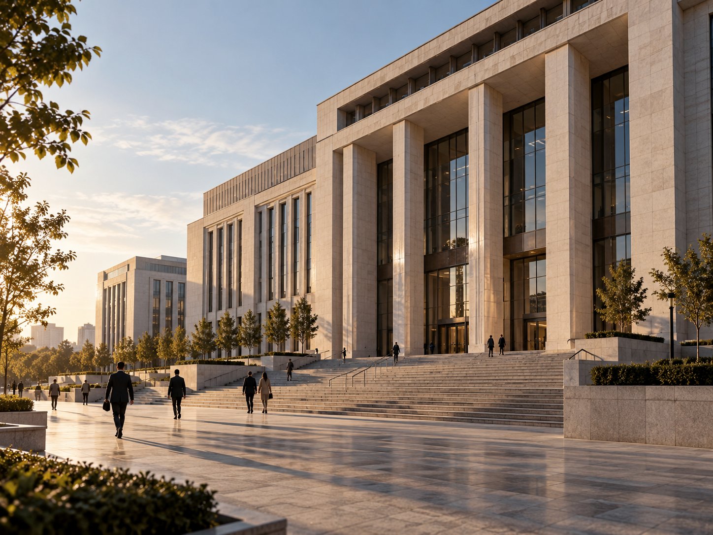 Taş cepheli modern bir kamu binası ve geniş merdivenler